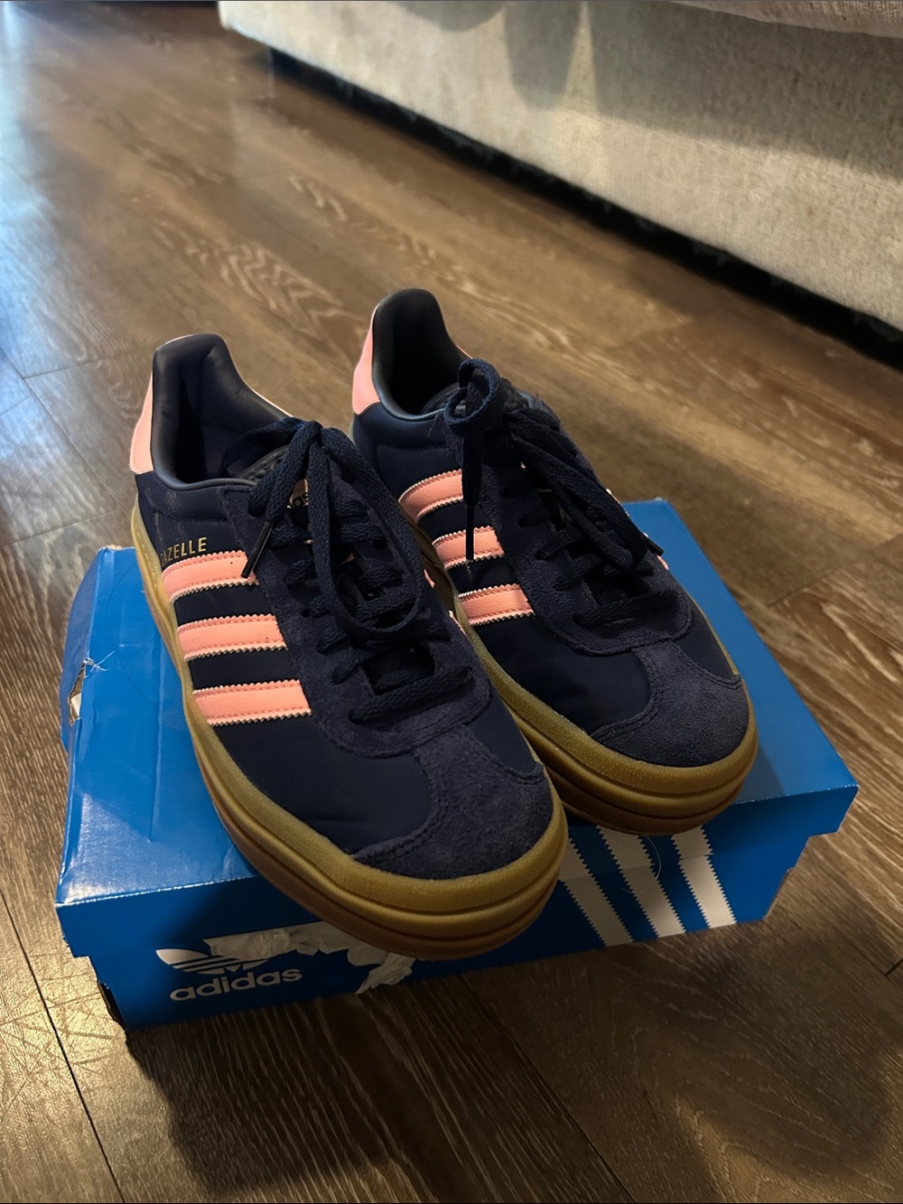 adidas Gazelle Platform Sneakers in Navy and Pink with Gum Sole